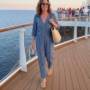 Carolina K 100% Silk Blue Zip V Neck Jumpsuit Size Medium/Large